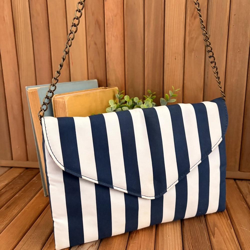 J. Crew Navy Striped Crossbody Clutch Bag, Nautical Brass Chain Strap